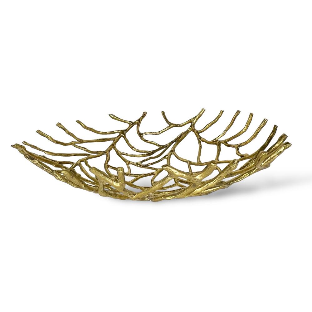 Hollywood Regency Brass Round Fruit Bowl Decorative Bowl Metal Coral Branch Twig